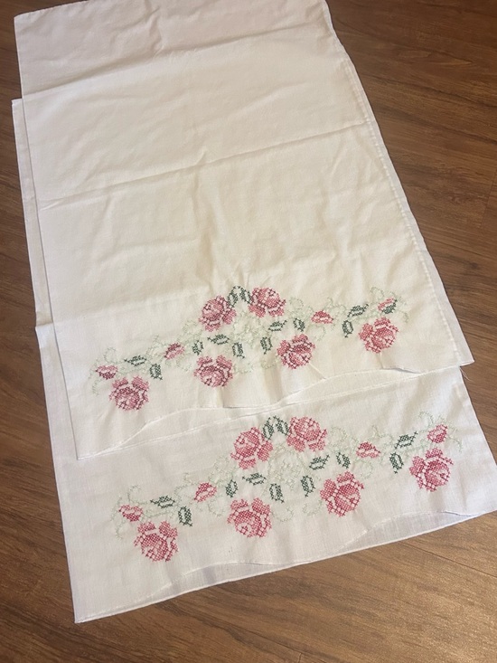 Vintage Other - Vintage White Pillowcases with Pink Rose Embroidery